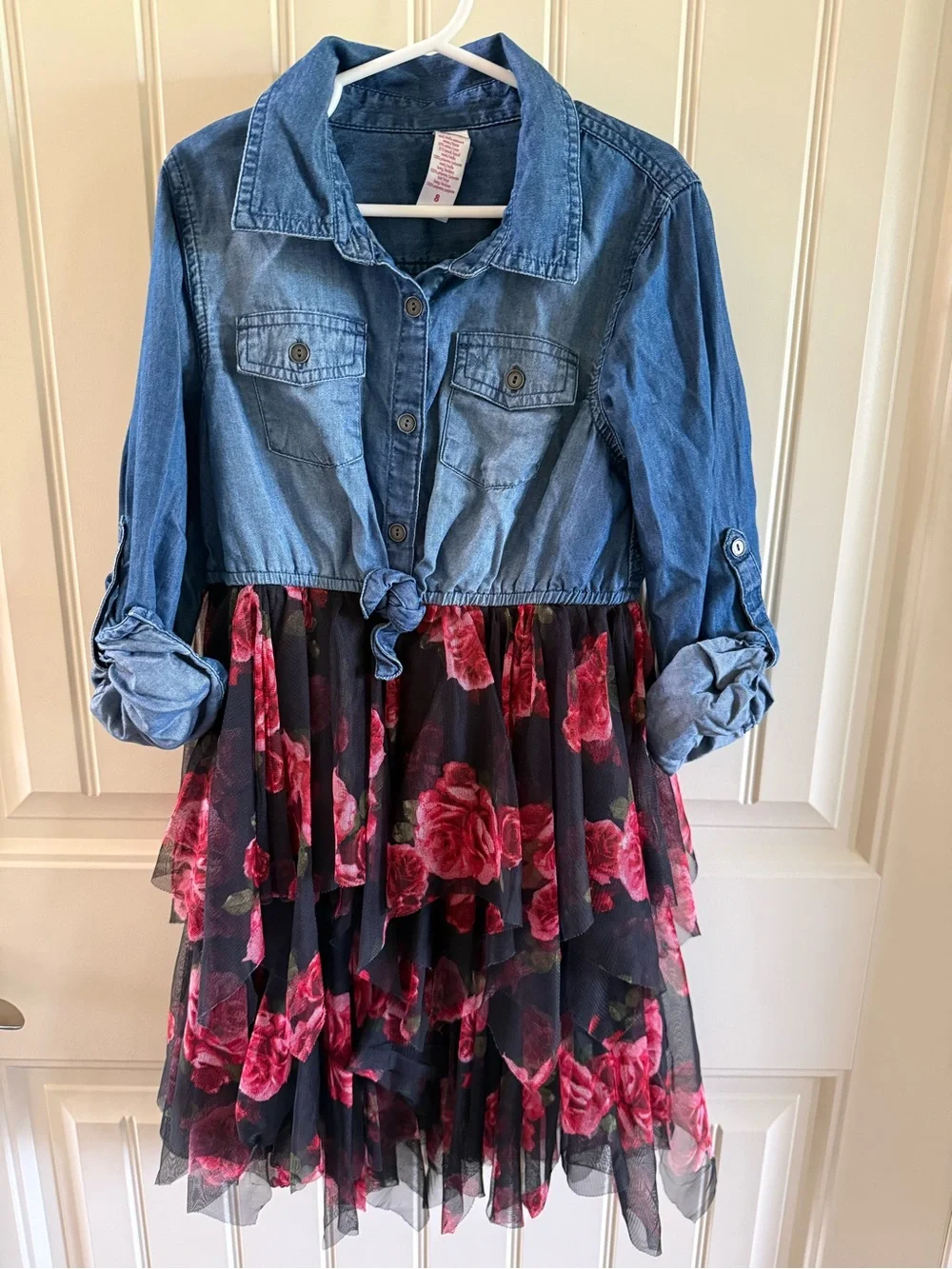 Justice Denim Shirt Dress with Black & Pink Floral Tulle Skirt size 8